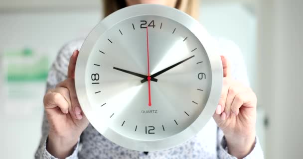 Businesswoman Office Holding Stylish Wall Clock Closeup Overtime Deadline Working — Video