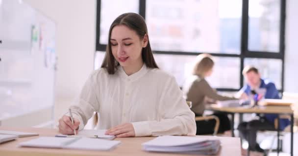 Portrait Beautiful Smiling Female Student Working Office Successful Career Motivation — Video
