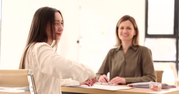 Girl Intern Student Smiles Successfully Passing Interview Office Positive Collaboration — Stockvideo