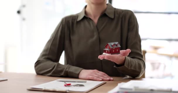 Business Woman Realtor Hands House Model Closeup Buying Insuring Home — Vídeos de Stock