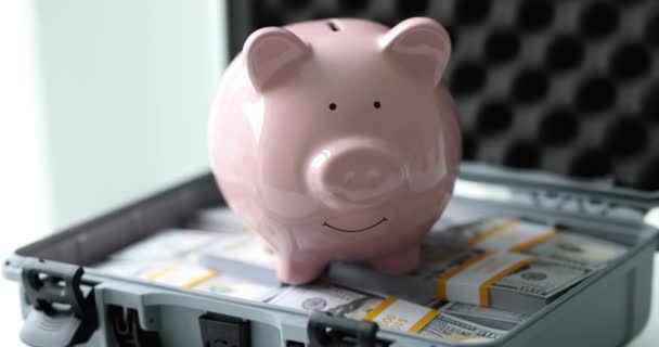 Suitcase Full Hundreds Dollars One Million Piggy Bank Financial Savings — Vídeos de Stock