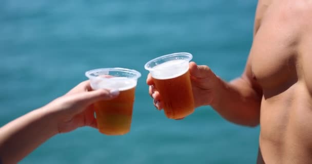 Young Man Drinking Cold Beer Beach Bar Enjoying Summer Vacation — Video Stock