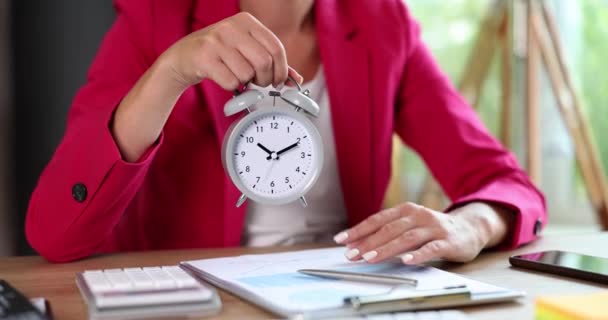 Businesswoman Holding Alarm Clock Finger Attention Gesture Time Management Work — стоковое видео