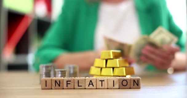 Inflation Word Gold Bullion Dollars Hands Business Person Economic Crisis — стоковое видео