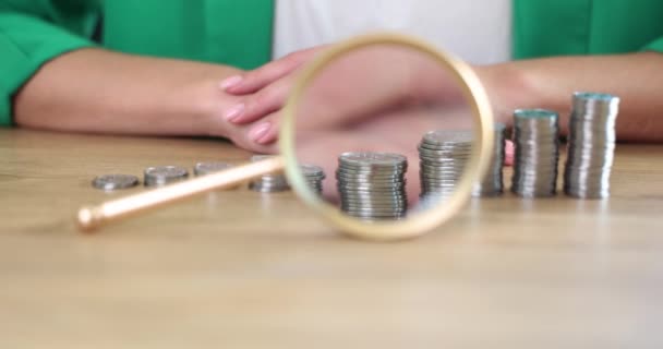 Stacks Coins Ascending Order Visible Magnifying Glass Business Concept Financial — Wideo stockowe