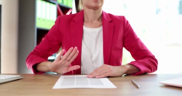 Woman Refuses Sign Contract Divorce Hand Gesture Negative — Video Stock