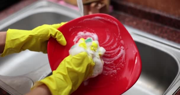 Woman Washes Dishes Gloves Cleaning House Dishwashing Liquids — Stock video