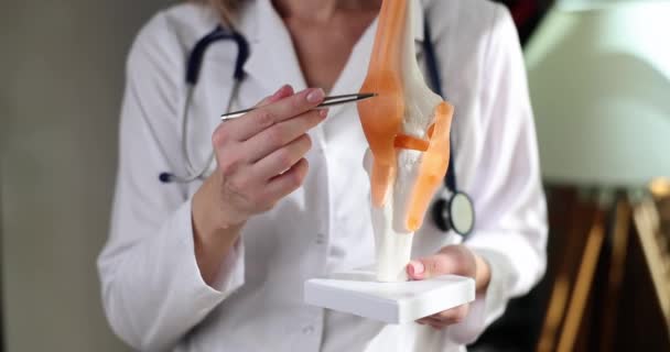 Médico Segura Mãos Modelo Anatômico Articulação Joelho Humano Clínica Menisco — Vídeo de Stock