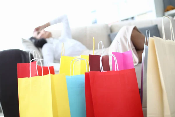 Multicolored Bags Purchases Background Tired Woman Fatigue Depression Shopping — Stock Fotó