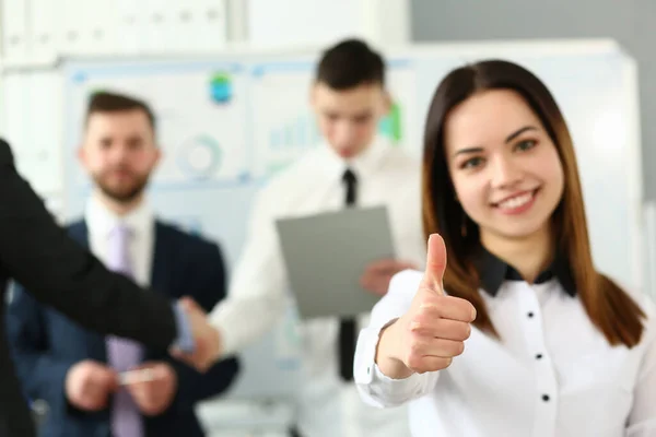 Businesswoman Feels Confident Team Thumbs Gesture Happy Businesswoman Showing Thumbs — 图库照片
