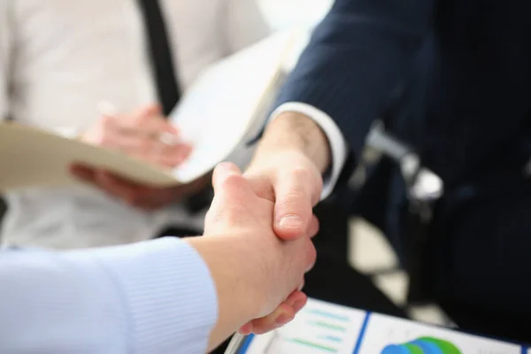 Two Business People Shake Hands Business Interview Conference Room Office — Stok fotoğraf