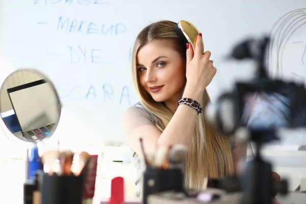 Happy Beautiful Woman Looking Camera Making Beauty Vlog Remote Training — Stockfoto