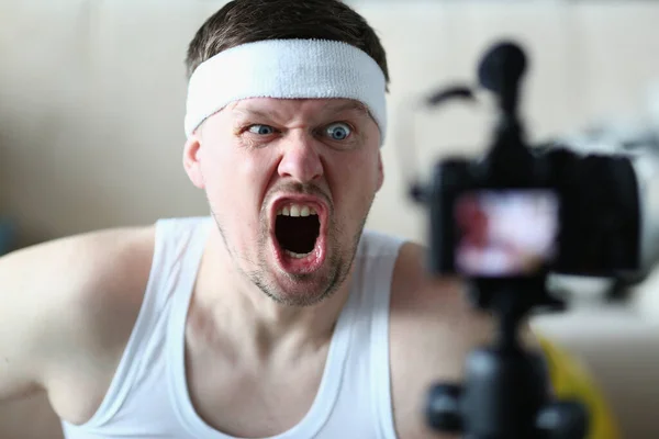 Emotionally Angry Sports Blogger Man Screaming Camera Sport Motivation Perseverance — 스톡 사진