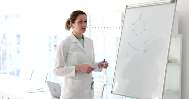 Female Scientist Teacher Writes Explains Formula White Board Laboratory Chemical — Stock Video