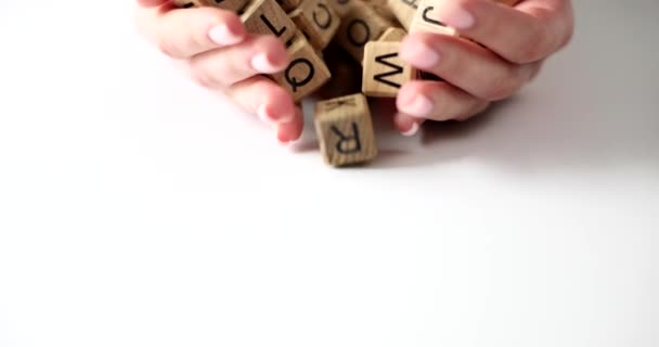 Woman Hands Hold Heap Wooden Cubes Letter Education Creativity Learning — Stock Video