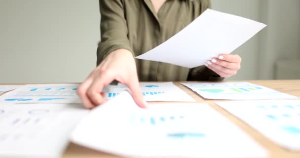 Businesswoman Studying Graphs Documents Table Closeup Movie Slow Motion Preparation — Stock Video