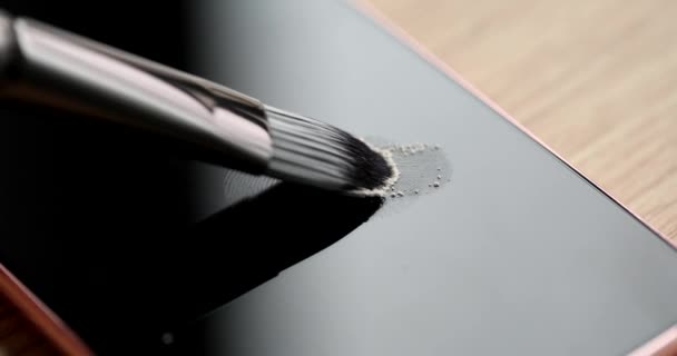 Forensic Medical Examiner Investigator Powdering Fingerprint Mobile Phone Brush Closeup — Stock Video