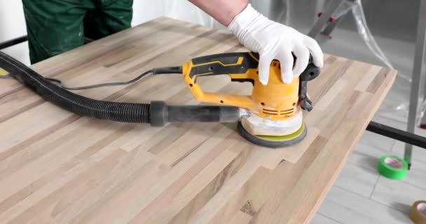 Master Carpenter Using Wood Orbital Sander Workshop Woodworking Woodworking Joinery — Stock Video