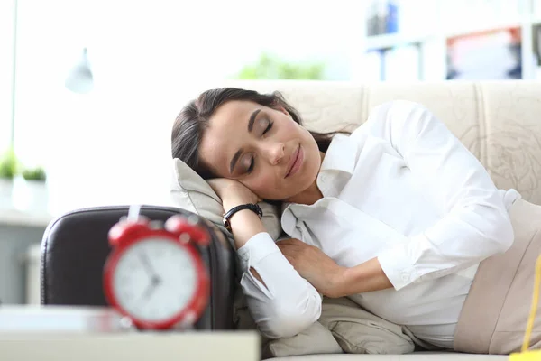 Beautiful Young Woman Sleeps Serenely Couch Daytime Nap Rest Break — Stock Photo, Image