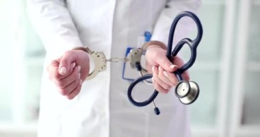 Kelepçeli doktor elinde steteskopla 4K 'lık filmi yavaş çekimde tutuyor. Tıbbi yanlış tedavi kavramının cezai yükümlülüğü