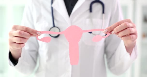 子宮のモデルを保持する医師婦人科医や女性の卵巣を閉じる4K映画スローモーション 子宮頸がんの概念の予防と治療 — ストック動画