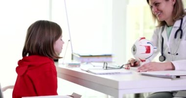 Doktor göz doktoru, klinik 4K filminde anatomik model üzerinde küçük bir göz yapısı gösteriyor. Çocuk konseptinde göz hastalıklarının teşhisi ve tedavisi