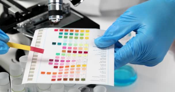 화학자는 색깔이 리트머스 페이퍼를 실험실의 비교하여 슬로우 모션을 만든다 용액의 — 비디오