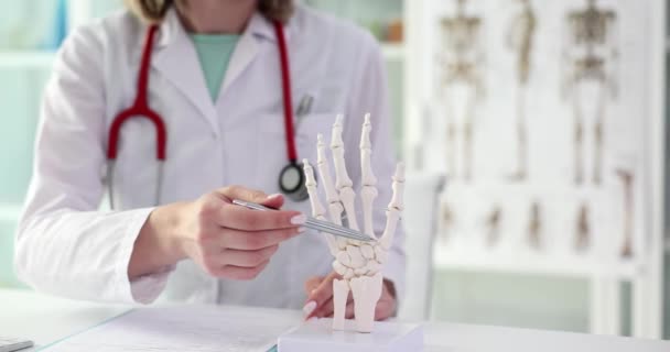 Doctor Reumatólogo Mostrando Estructura Mano Humana Modelo Anatómico Primer Plano — Vídeo de stock