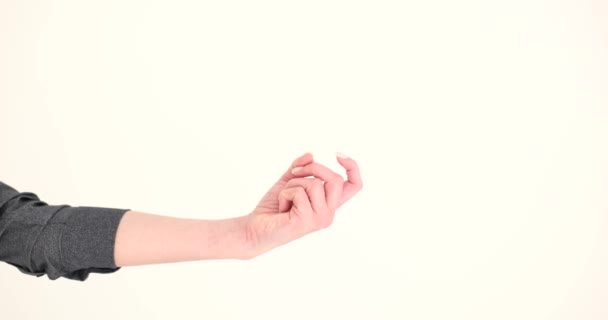 Женщина Указательный Палец Вызывает Белом Фоне Крупным Планом Фильма Замедленной — стоковое видео