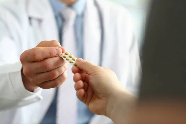 Closeup Doctor Hand Giving Medical Pills Patient Prescribing Medications Patient — Stock Photo, Image