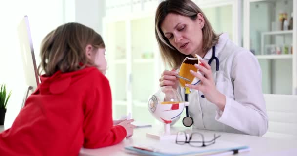 Oftalmolog Učí Dívku Anatomii Očí Klinice Unavené Oči Dětí — Stock video