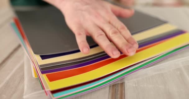 Unrecognizable Hands Paint Swatches Sheets Closeup Designer Uses Swatches Chooses — Stock Video