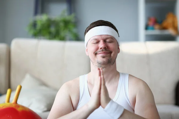 Handsome Athletic Young Man Presses Hands Chest Namaste Nirvana Pose — Stock Photo, Image
