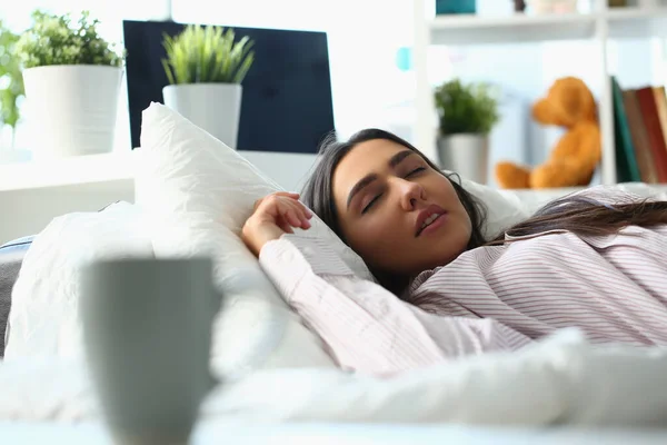 Beautiful Young Woman Sleeping Peacefully Bed Insomnia Restful Sleep Concept — Stock Photo, Image