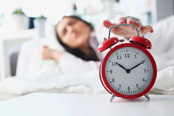 Dissatisfied Woman Turns Alarm Clock Bed Insomnia Stress Late Waking — Stock Photo, Image