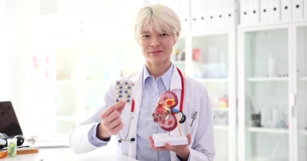 Doctor Nephrologist Holding Hands Artificial Model Human Kidney Blister Drugs — Stock Video