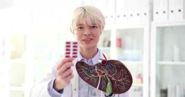 Dokter Gastro Enteroloog Houdt Handen Kunstmatig Model Van Menselijke Lever — Stockvideo
