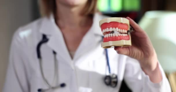 Lekarz Pokazuje Narzędzia Stomatologiczne Model Szczęki Zbliżenie Leczenie Stomatologiczne Protetyka — Wideo stockowe