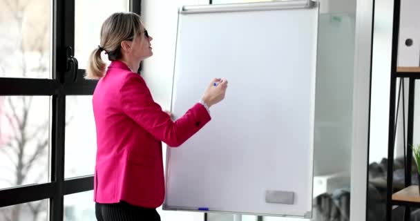 Beautiful Business Woman Office Writes Marker Board Concept Presentation Training — Stock Video