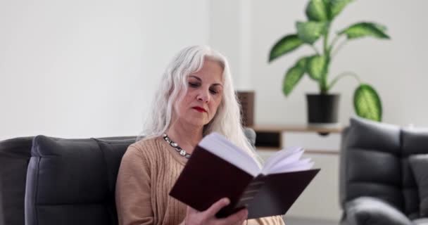 一位白发苍苍的老妇人坐在家里的扶手椅上 正在看书4K电影慢动作 退休后的闲暇和消遣 — 图库视频影像
