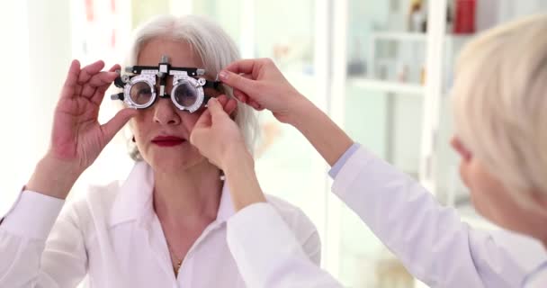 Läkare Oftalmolog Sätta Glasögon För Att Kontrollera Syn Och Montering — Stockvideo