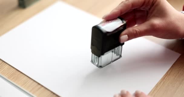 Woman Leaves Stamp Approved Blank Paper Sheet Office Slow Motion — Stock Video