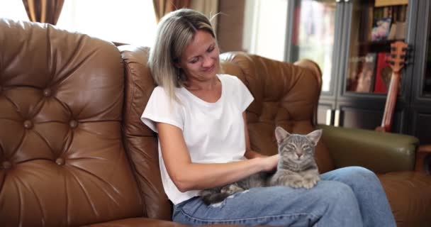 Tatmin Olmuş Gülümseyen Kadın Kucağında Oturan Tüylü Kediyi Okşar Şefkatli — Stok video