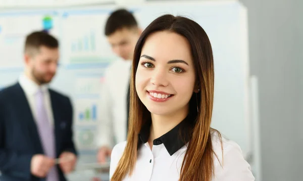 Portrait Smiling Businesswoman Background Business Partners Successful Career Internship Modern — Stock Photo, Image