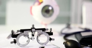 Düzeltici lensler, göz anatomisi ve göz doktoru konsepti. Göz muayenesi ve göz doktorunun gözlük seçimi.