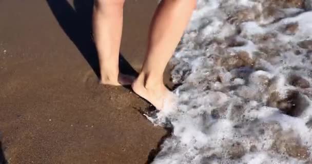 Frauenfüße Treten Auf Meereswellen Land Sommerferien Und Urlaubskonzept — Stockvideo