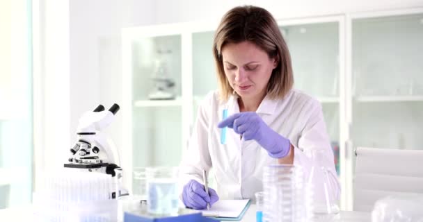 Bilim Adamı Mavi Sıvıyla Test Tüpünü Tutuyor Elde Edilen Kimyasal — Stok video