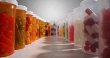 Gri arka planda plastik kavanozlarda bir sürü farklı hap var. İlaç ve sağlık hizmetleri konsepti