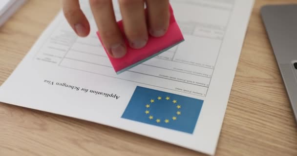 Hand Inspector Putting Stamp Approved Schengen Visa Application Closeup Permission — Stock Video