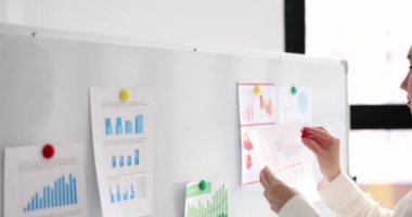 Stajyer öğrenci, beyaz tahtaya bilgi tablolarını koyuyor ve iş sunumuna hazırlanıyor. Yönetici görsel materyal ve satış analizi gerçekleştiriyor